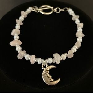 Genuine rose quartz chip and moon charm bracelet